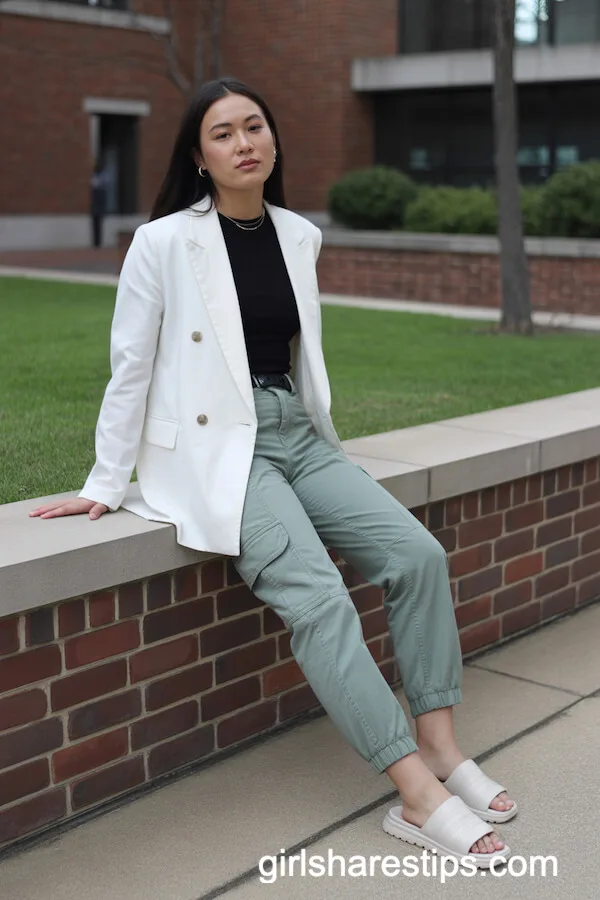 White Double-Breasted Blazer with Cargo Pants for Campus Cool