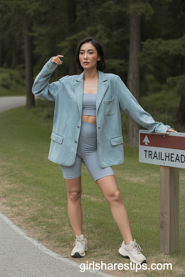 Denim Blazer and Crop Top Set with Bike Shorts for Outdoor Style