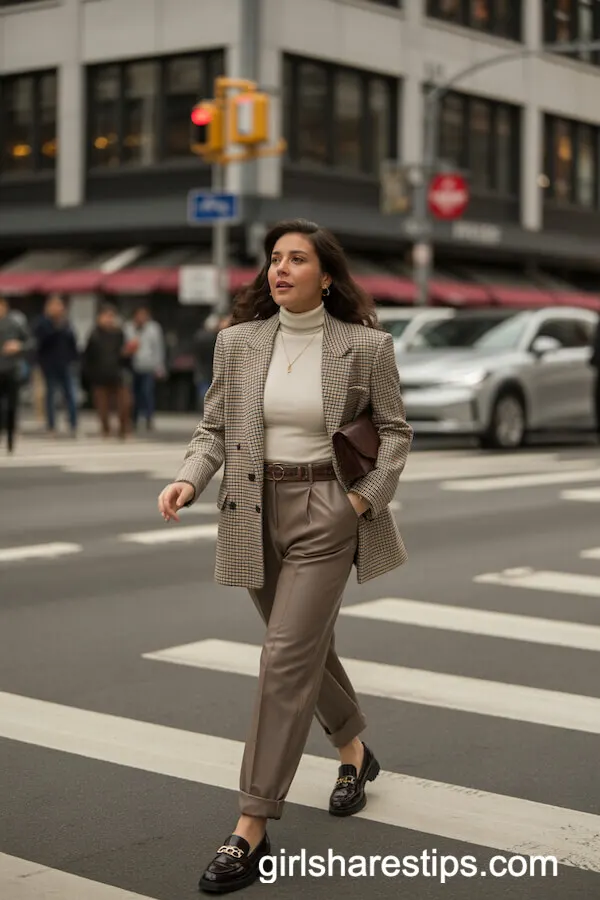 Plaid Blazer with Turtleneck and Tailored Brown Trousers