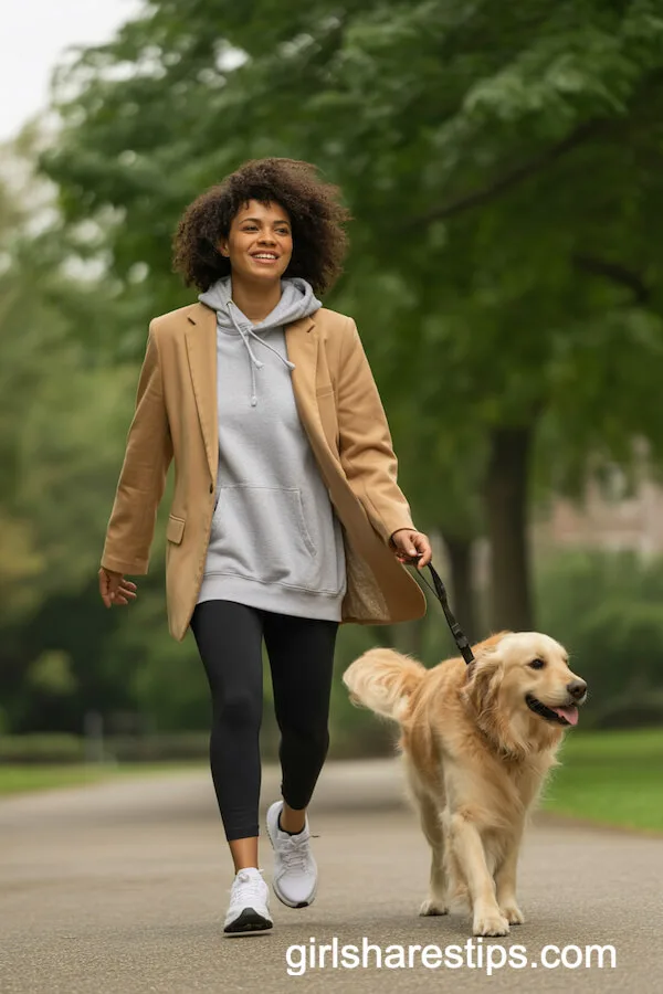 Camel Blazer Layered Over Grey Hoodie and Black Leggings