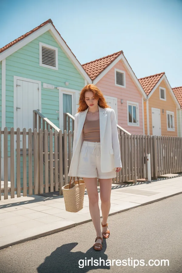 White Linen Blazer and Shorts Set for a Beachside Stroll
