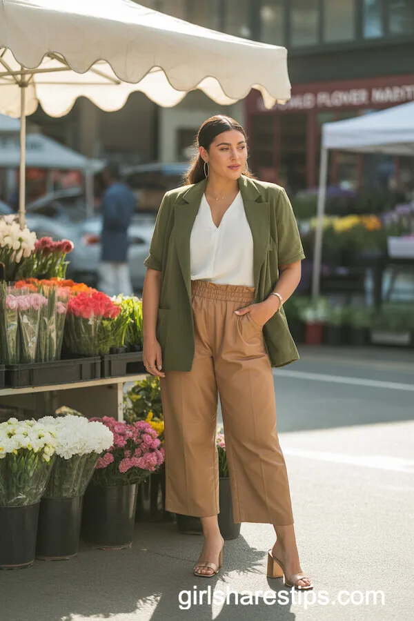 Olive Green Blazer with White Blouse and Paperbag Pants