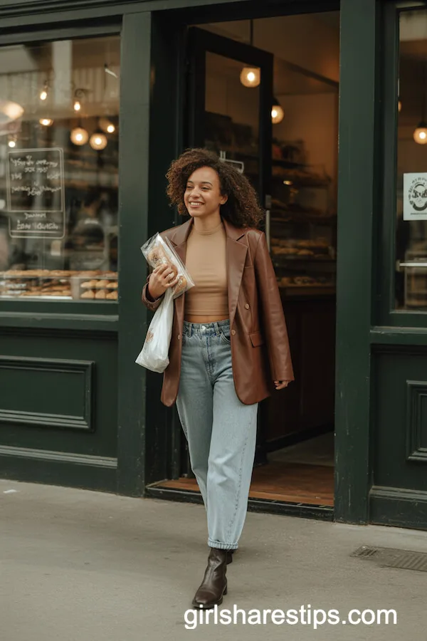 Brown Leather Blazer with Crop Top and Mom Jeans