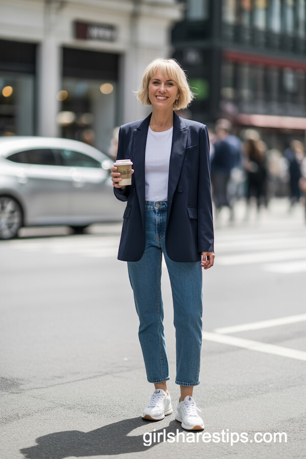 Tailored Navy Blazer with White Tee and Blue Jeans
