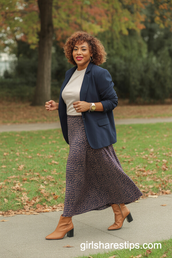 Navy Fitted Blazer with Printed Maxi Skirt