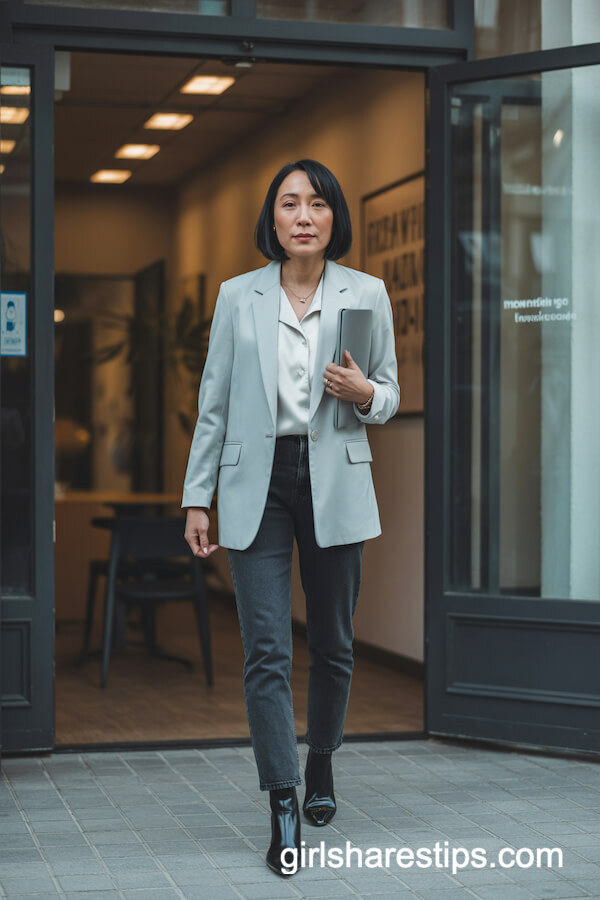 Pastel Blue Tailored Blazer with White Silk Blouse