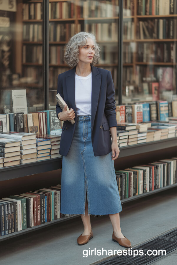 Navy Blazer with White Tee and Denim Midi Skirt