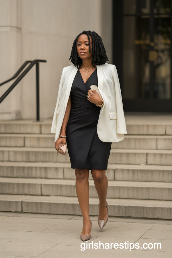 Ivory Blazer Over Black Knee-Length Sheath Dress