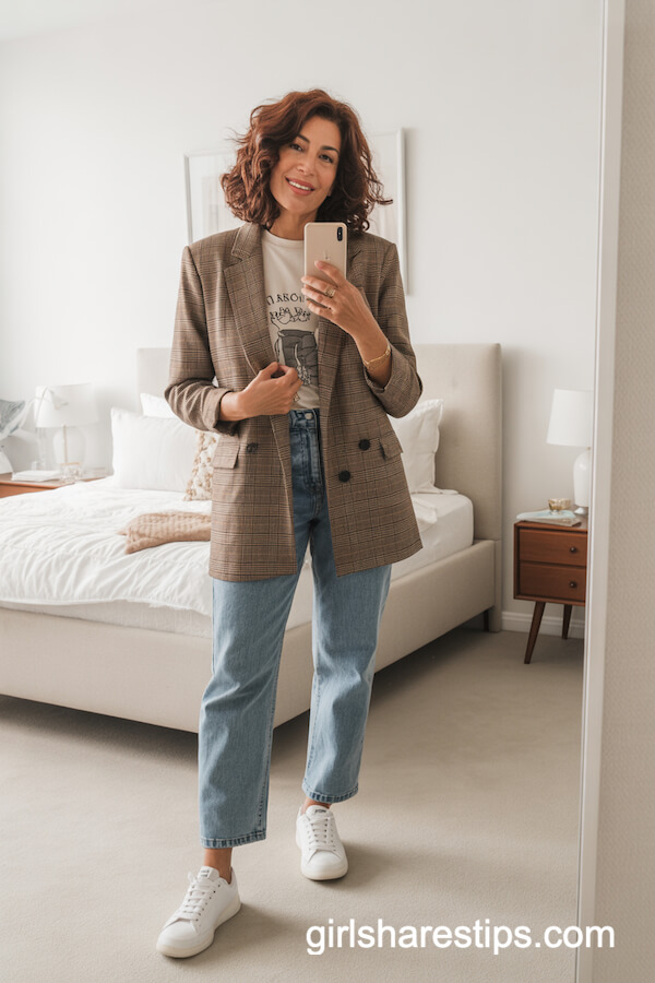 Brown Plaid Blazer with Graphic Tee and Boyfriend Jeans
