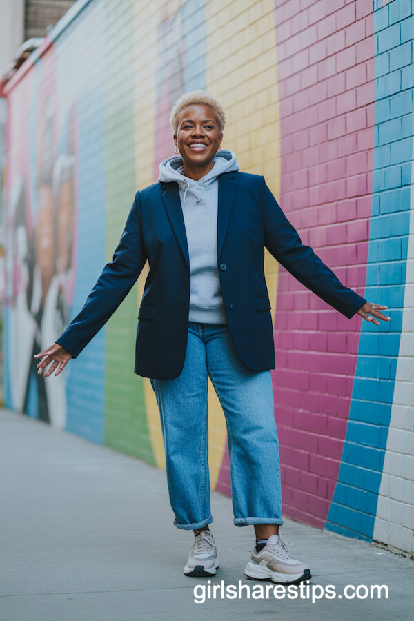 Dark Blue Blazer with Gray Hooded Sweater