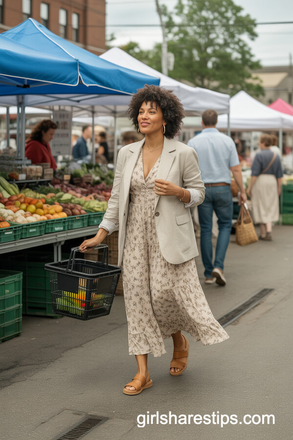 Beige Linen Blazer Over Floral Maxi Dress