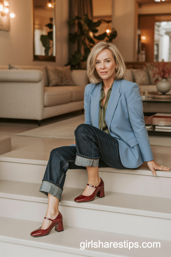 Fitted Light Blue Blazer with Olive-Green Blouse