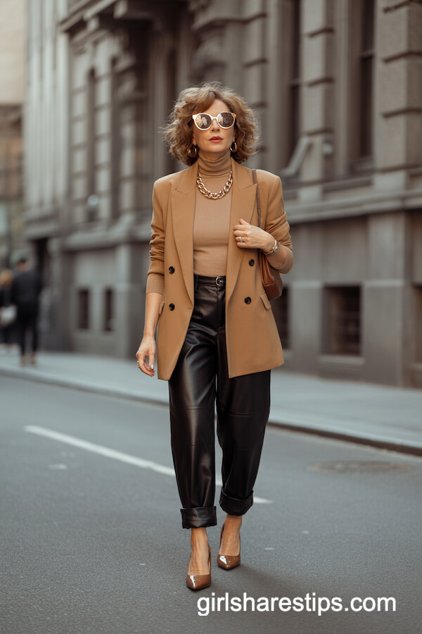 Camel Double-Breasted Blazer with Black Leather Pants