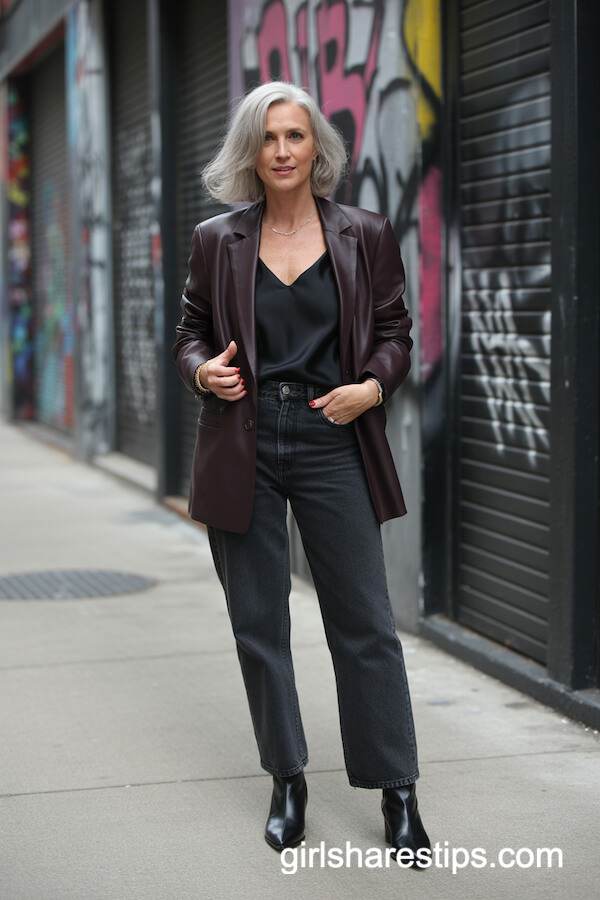 Dark Brown Leather Blazer with Black Silk Cami