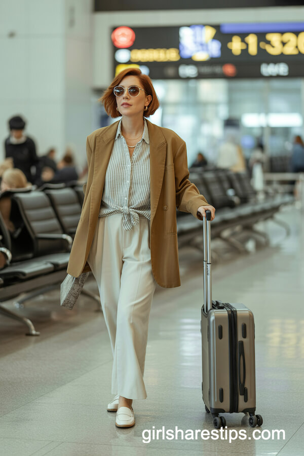 Oversized Camel Blazer with Striped Linen Blouse