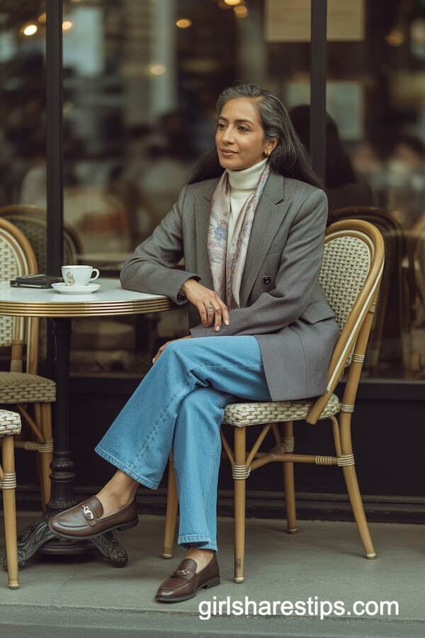 Mid-Grey Wool Blazer Over Cream Cashmere Turtleneck