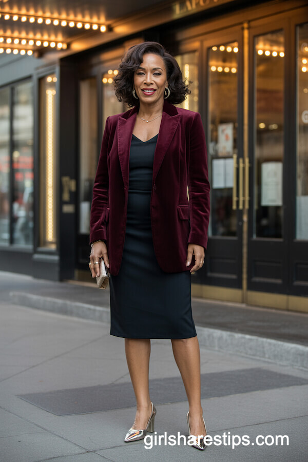 Deep Burgundy Velvet Blazer with Black Sheath Dress