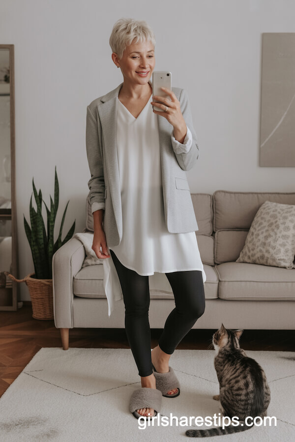 Soft Gray Blazer with Long White Tunic Top