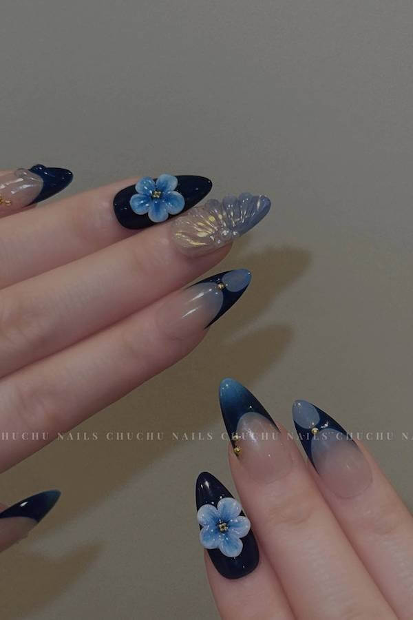 3D Flower Blue Almond Nails