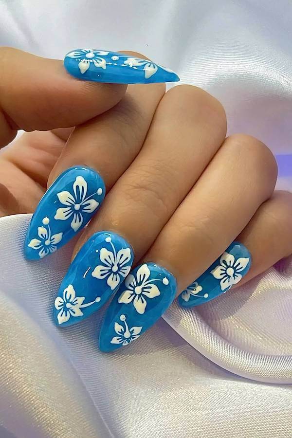 Blue and White Hibiscus Nails