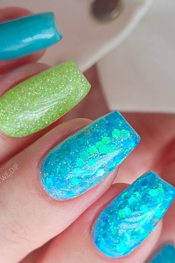 Glitter Aqua and Lime Nails