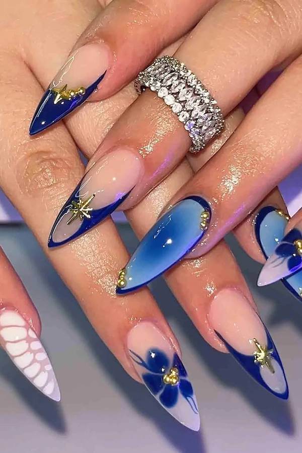 Deep Blue Framed Floral Nails