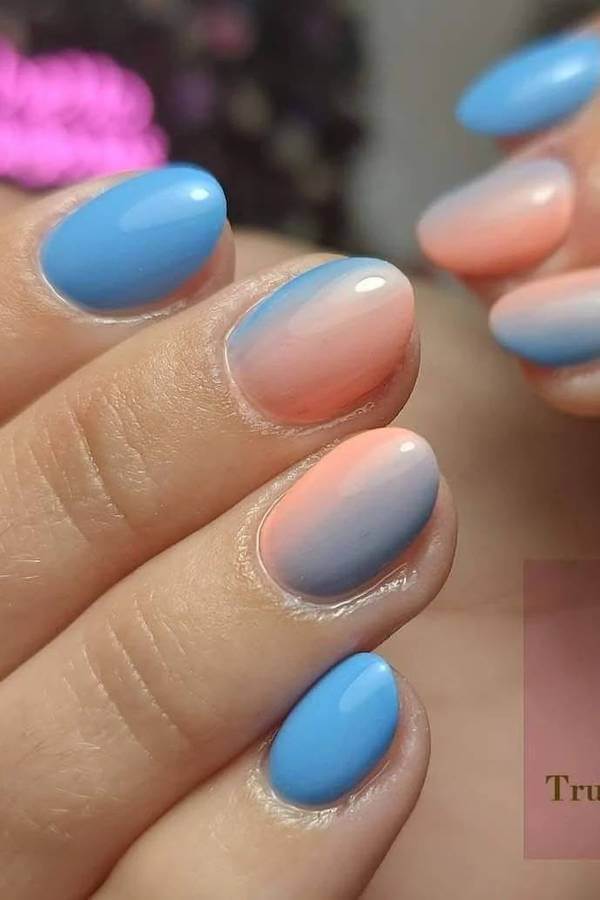 Blue and Peach Ombre Nails