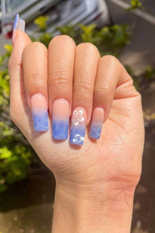Blue Hawaii Floral Square Nails