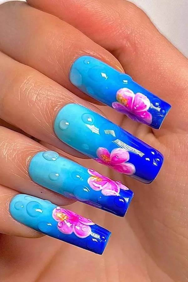 Blue Tropical Flower Nails