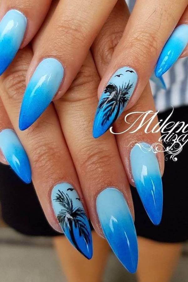 Blue Ombre Palm Tree Nails