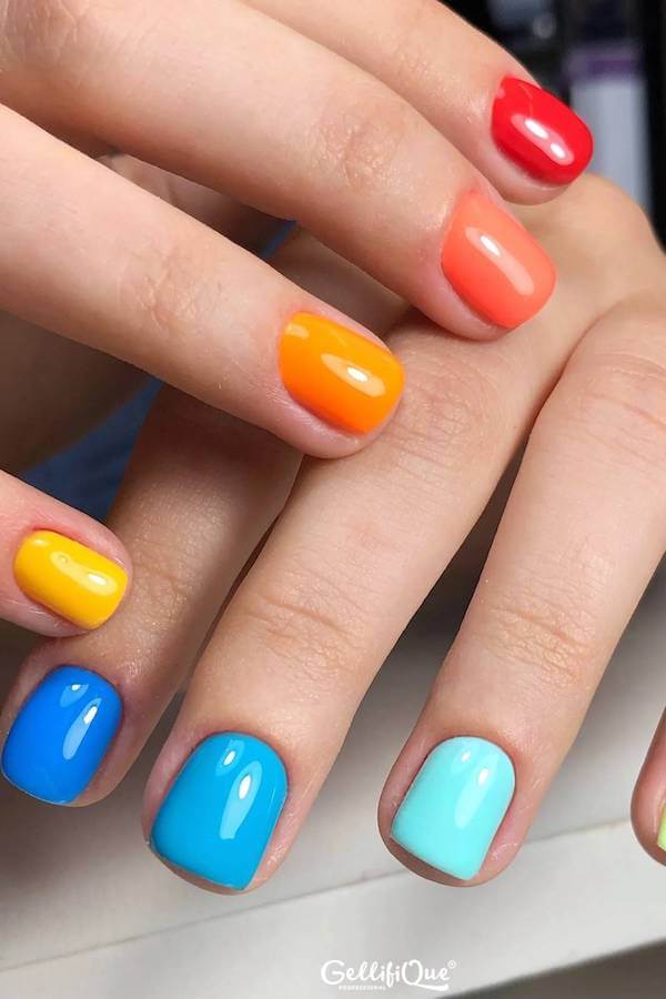 Vibrant Rainbow Blue Hawaii Nails