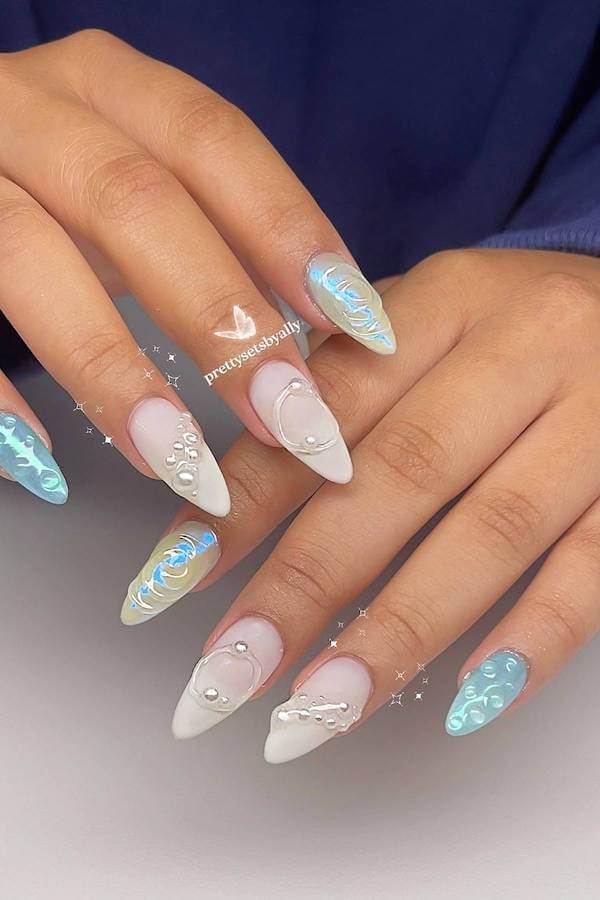 Pearl and Iridescent Blue Wave Nails