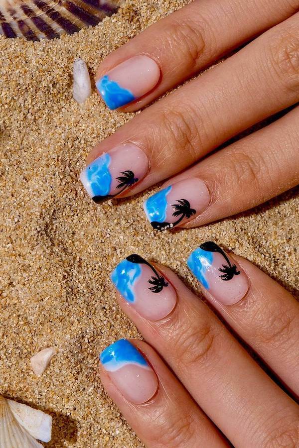 Beach Palm Blue French Nails