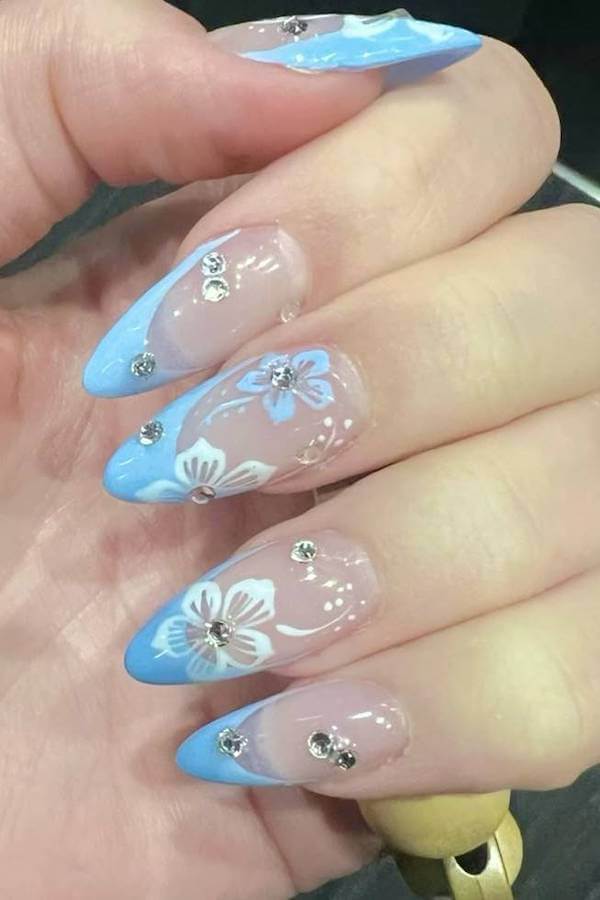Floral Rhinestone Blue Ombre Nails