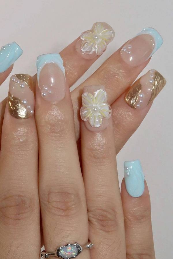 Gold and Blue Plumeria Flower Nails