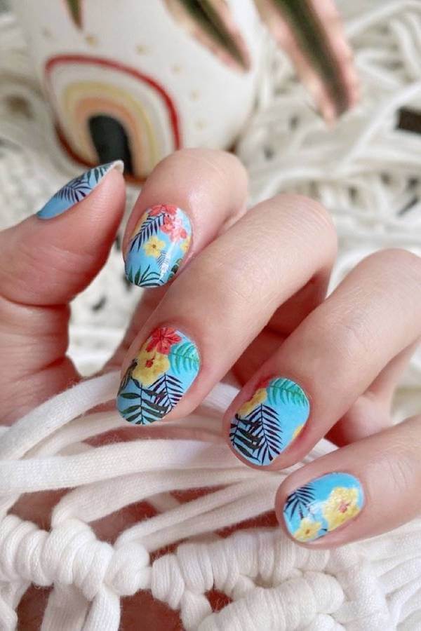 Tropical Blue Floral Nail Art