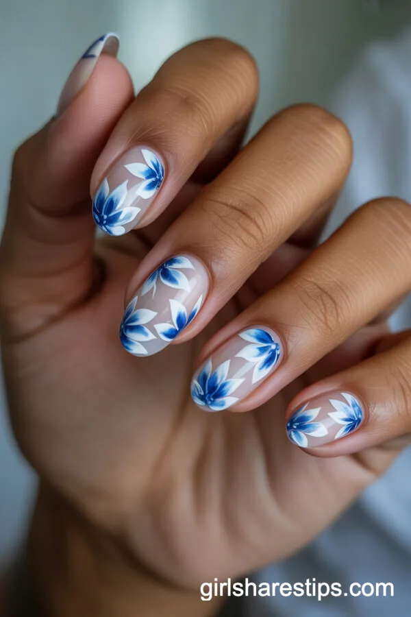 Blue and White Floral Oval Nail Art