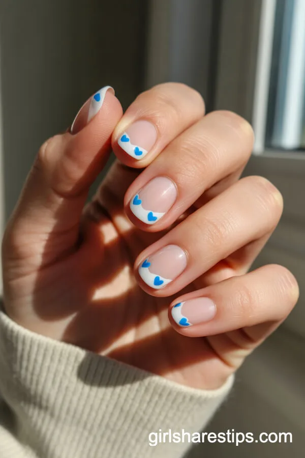 Short White Nails With Blue Heart Accents