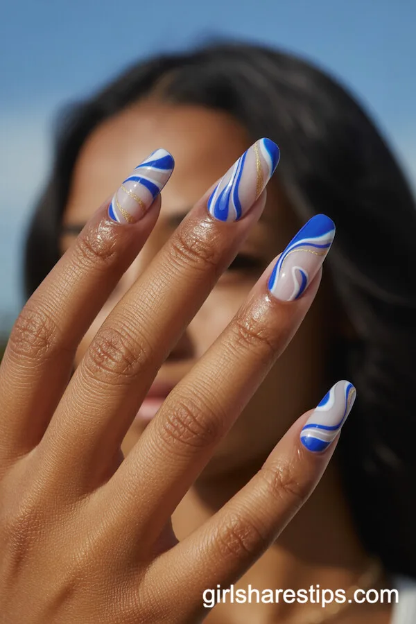 Dynamic Blue and White Swirl Squoval Nails