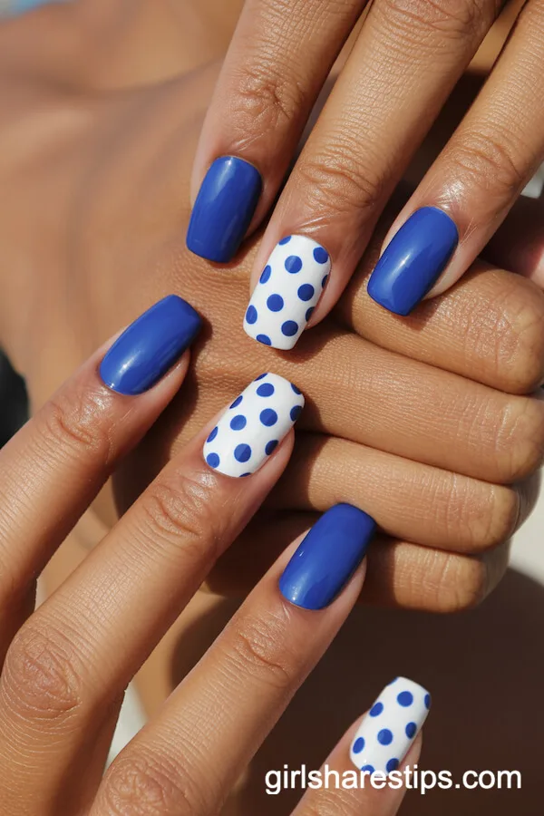 Playful Blue and White Polka Dot Square Nails