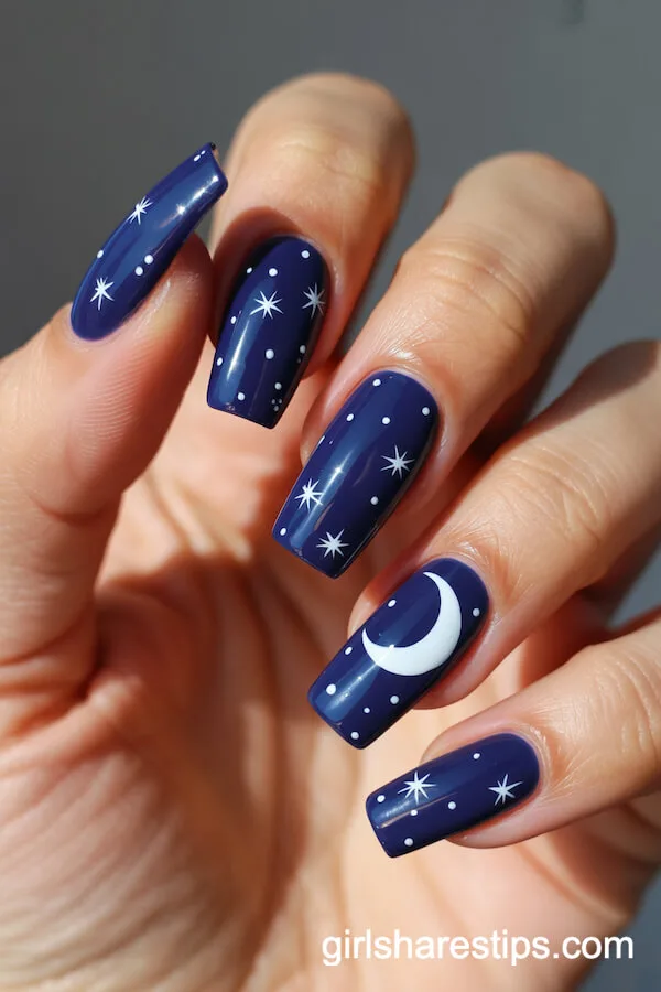 Deep Blue Coffin Nails With White Stars and Crescent Moon