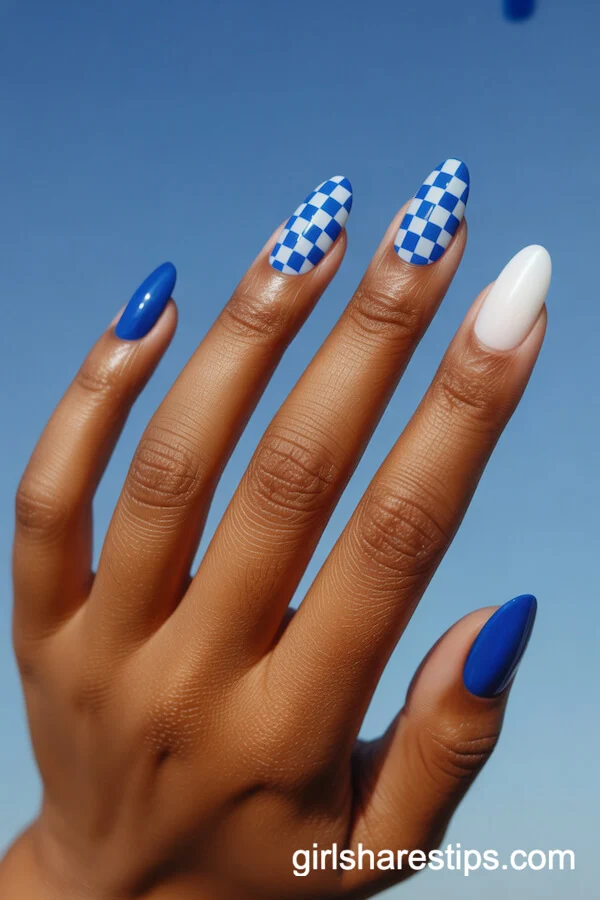 Mix and Match Blue and White Checkerboard Almond Nails