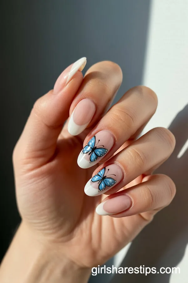 White and Blue Butterfly Accent Oval Nails