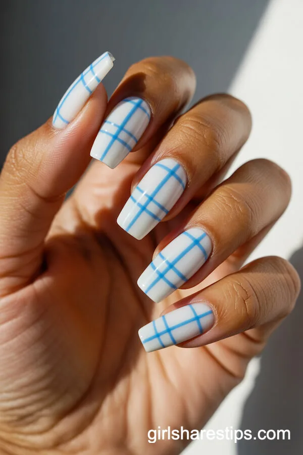 Blue Plaid Coffin Nails With Crisp White Base