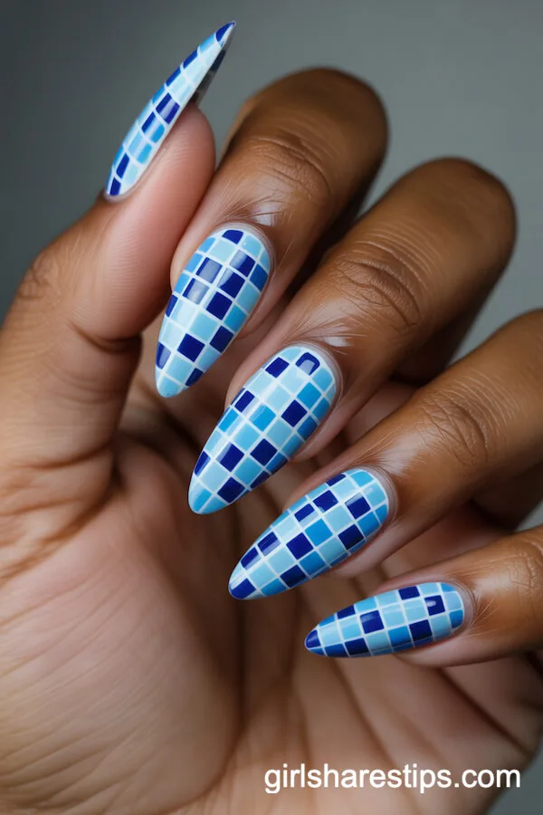 Mosaic Tile Patterned Stiletto Nails in Blue and White
