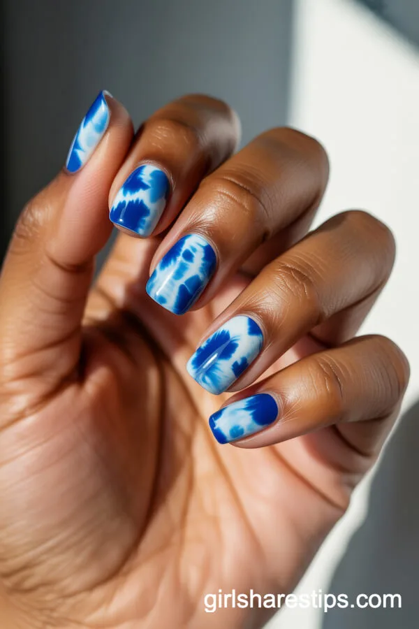 Trendy Blue and White Tie-Dye Square Nails