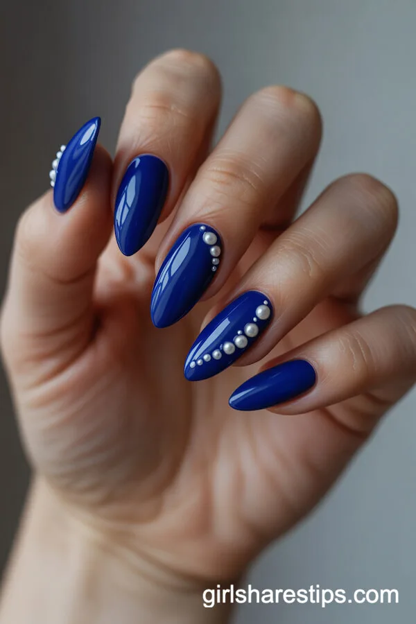 Royal Blue Velvet Almond Nails With White Pearl Accents