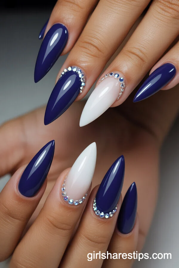 Midnight Blue and White Stiletto Nails With Rhinestones