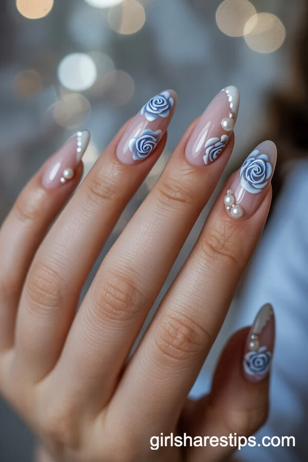 Velvet-Effect Blue and White Rose Almond Nails