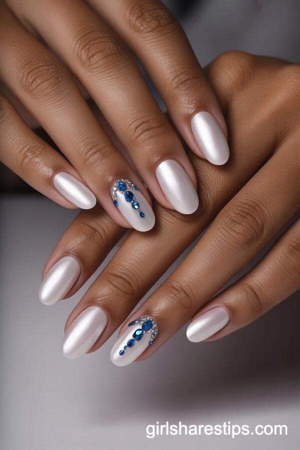 Blue Chandelier Crystal Ballerina Nails on White Satin Base
